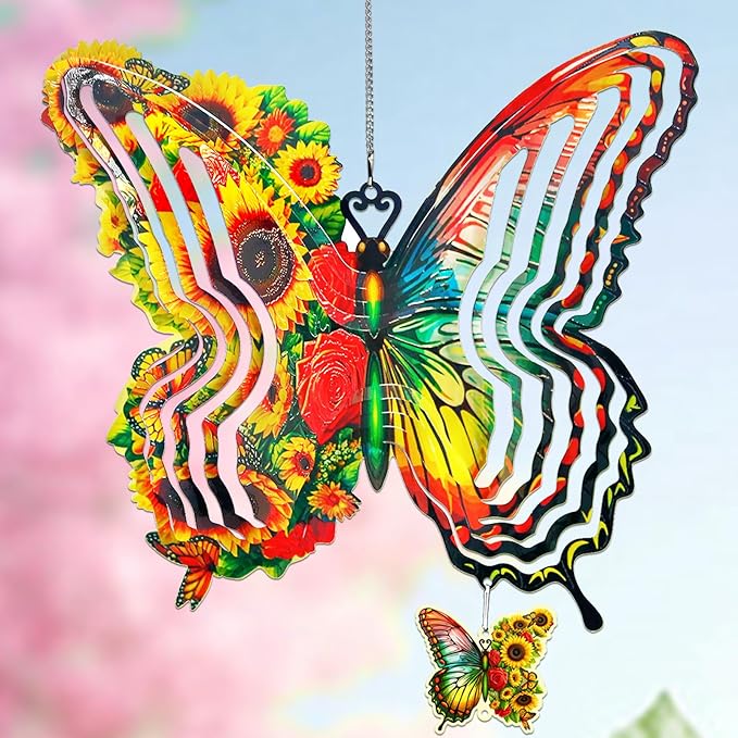 Sunflower Butterfly Metal Wind Spinners for Yard and Garden,12 Inch 3D Stainless Steel Hanging Kinetic Yard Art Wind Sculpture, Kinetic Art Garden Decor for Christmas Outdoor & Indoor