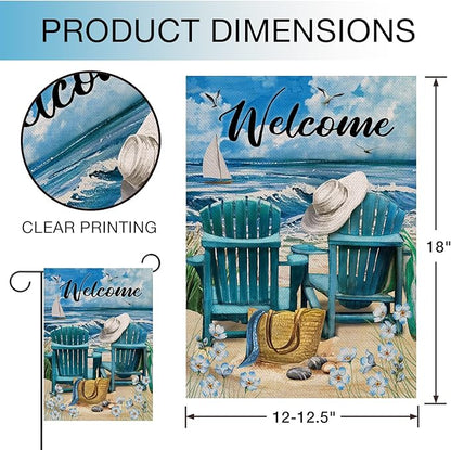 Hzppyz Welcome Summer Blue Sea Ocean Chairs Myosotis Sylvatica Flower Beach Garden Flag, Coastal Nautical Seagull Sailboat Bag Hat Decorative House Yard Outdoor Small Decor, Tropical Home Outside