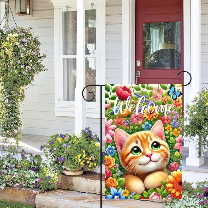 BlissYard Spring Cat Garden Flag 12x18 Inches Double Sided Cute Colorful Floral Sunflower Butterfly Welcome Yard Flags Summer Seasonal Flower for Outside Decor Home Farmhouse Holiday Decorations