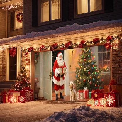 HOMETITUTE 13x6ft Christmas Garage Door Banner Santa with Dog Scene, Red Green Warm Light Backdrop Outdoor Indoor Xmas Wall Background Decor for Winter Holiday Porch Yard Seasonal Display