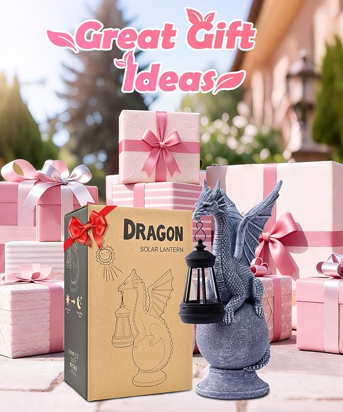 Solar Garden Dragon Statue: Outdoor Figurine with Lantern Lights Weatherproof Resin Decorations for Home Yard Lawn Porch Balcony Patio - Mothers Day Gifts for Mom Women Grandma