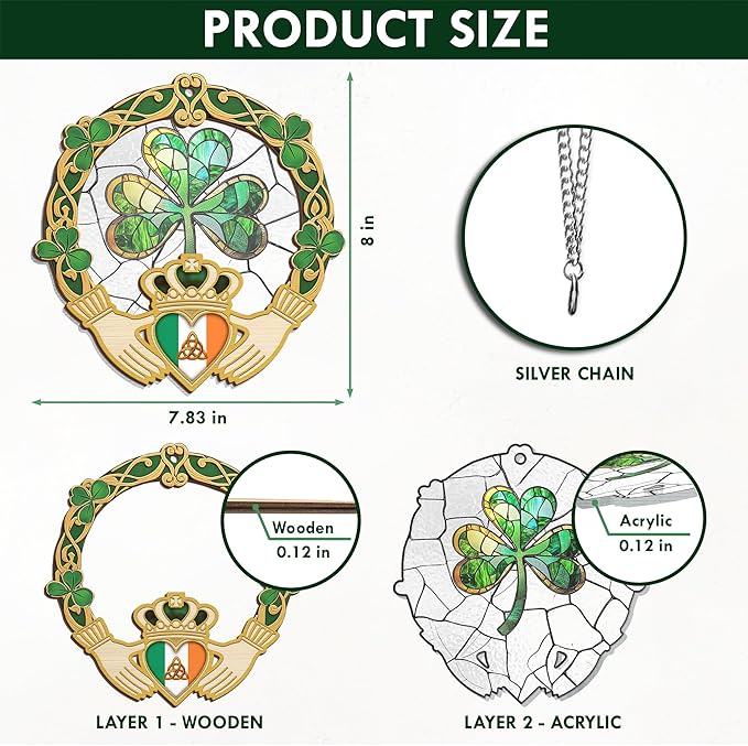 FLAGWIX St Patricks Day Decorations - Saint Patricks Day Decor Double Layered 8 inch Hanging Suncatcher - Irish Shamrock Celtic Cross Home Decoration, Gifts for Women Men, Gifts for Friends