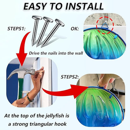 JOYBee Ocean Jellyfish Wall Art Decor-Sea Life Nautical Home Hanging Decor-Glass&Metal Jellyfish Decoration for Pool,Beach,Patio,Living Room,Bathroom,Boat, Coastal Decorations(17inch)