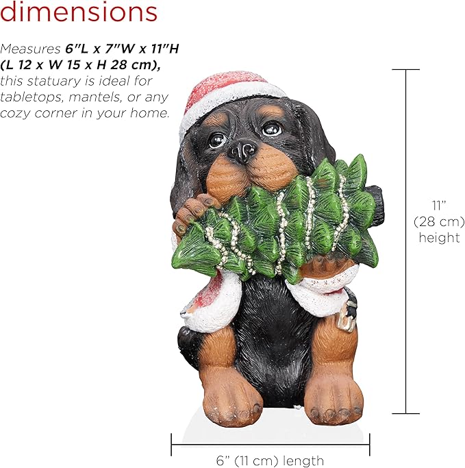 Alpine Corporation 12" Tall Puppy Christmas Statue with Santa Coat and Pine Tree, Weather-Resistant Resin Figurine, Indoor/Outdoor Holiday Decoration for Porch or Entryway