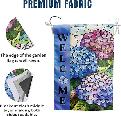 Hydrangea Spring Summer House Flag 28 x 40 Double Sided for Outside Stained Glass Flower Garden Decor Blue Floral Welcome Outdoor Yard Banner