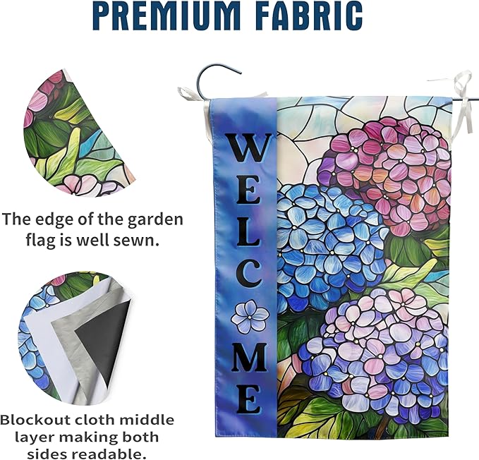 Hydrangea Spring Summer Garden Flag for Outside Stained Glass Flower Yard Decor 12x18 Double Sided Blue Floral Welcome Outdoor Banner