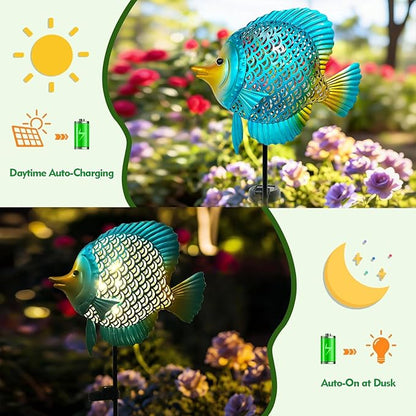 HONGLAND Solar Pathway Lights, Outdoor Solar Powered Garden Lights with Warm Yellow LED, Metal Fish Design Stake for Lawn, Yard, Patio and Landscape Decoration (Waterproof)