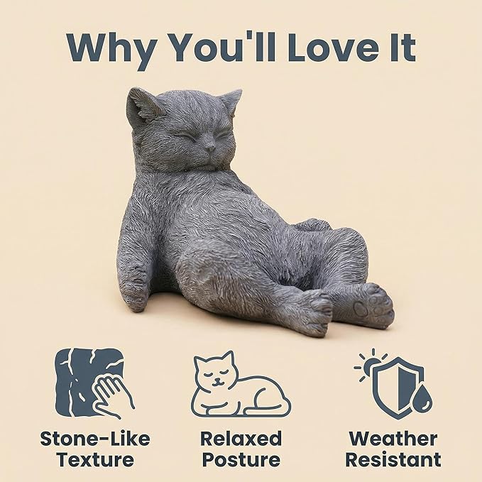 Cat Memorial Stone Garden Statue, Pet Statue Gifts for Loss of Cat Sympathy, Grave Markers for Garden Outdoor Decor, 9.8” L Weatherproof Lazy Tabby Figurine, Outdoor Patio Accent Yard Decoration