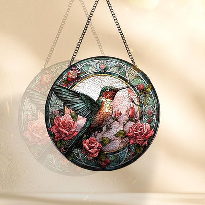 Stained Glass Window Hanging - Hummingbird Sun Catcher Indoor Decor Home Doors Wall Art Ornament Outdoor Garden Decoration Gifts for Women Birthday Party Thanksgiving Christmas Housewarming