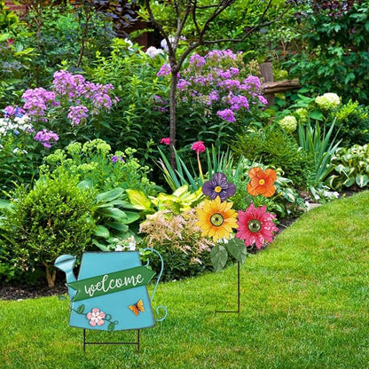 YEAHOME Garden Decor for Outside, 24.4“ Decorative Garden Stakes Metal Watering Can with 4 Flowers for Spring Decor, Welcome Yard Signs for Outdoor Lawn Backyard Patio Porch Pathway Decorations