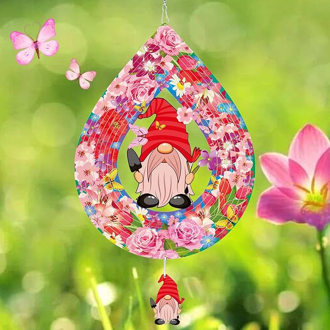 Gardener Gnome Pink Wind Spinners for Yard and Garden,12 Inch 3D Stainless Steel Hanging Kinetic Yard Art Wind Sculpture, Kinetic Art Garden Decor for Christmas Outdoor & Indoor