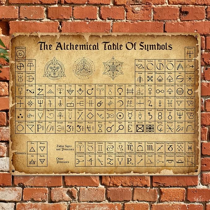 The Alchemical Table Of Symbols, Occult Wall Hanging Metal Sin Rust Free 9" X 11", Pre-Drilled Holes, Weather Resistant