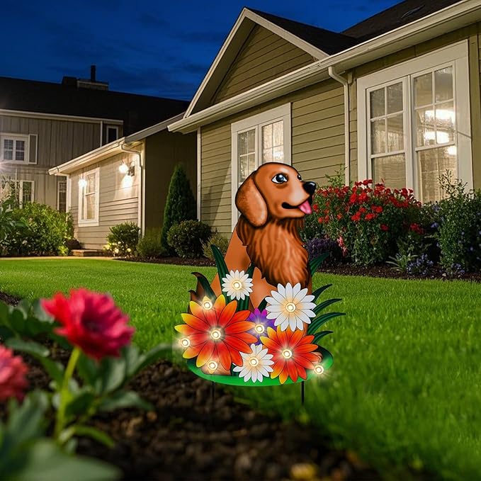 WONDER GARDEN Decorative Garden Stakes - Lighted Dog and Flower Yard Sign Stakes Spring Signs for Outdoor, Porch, Yard,Flower Bed Decor