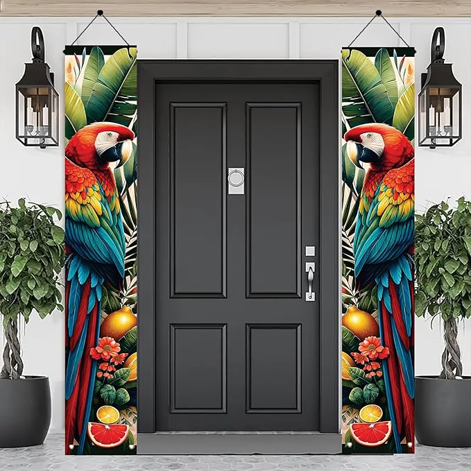 Summer Luau Tropical Parrot Porch Banners 71x12 Inch Party Decorations Colorful Macaw Hanging Door Signs Jungle Leaves Outdoor Patio Welcome Banner for Home Decor