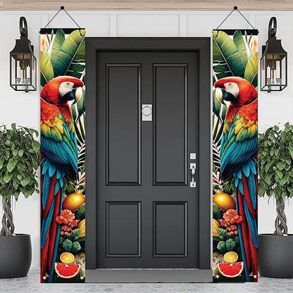 Summer Luau Tropical Parrot Porch Banners 71x12 Inch Party Decorations Colorful Macaw Hanging Door Signs Jungle Leaves Outdoor Patio Welcome Banner for Home Decor
