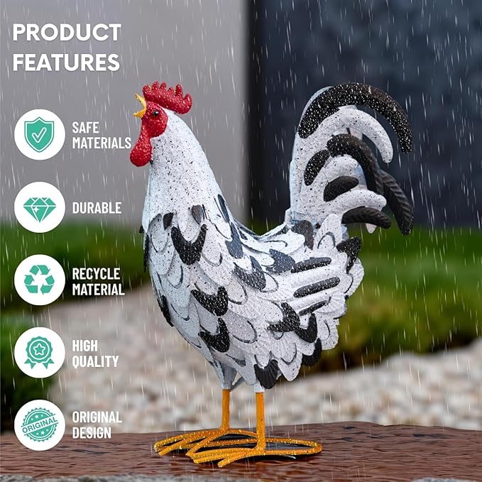 Metal Rooster Statue, Garden Chicken Decor, Metal Yard Art Animal Sculpture for Lawn Patio Porch Outdoor Decorations Gifts for Women Mom Friends
