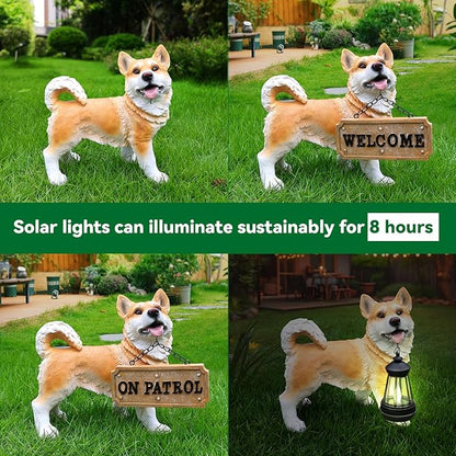 Yellow Husky Trail Light with Solar Lantern & Reversible Sign, Standing Husky Sculpture for Planter Corners, Balcony Rails & Garden Paths