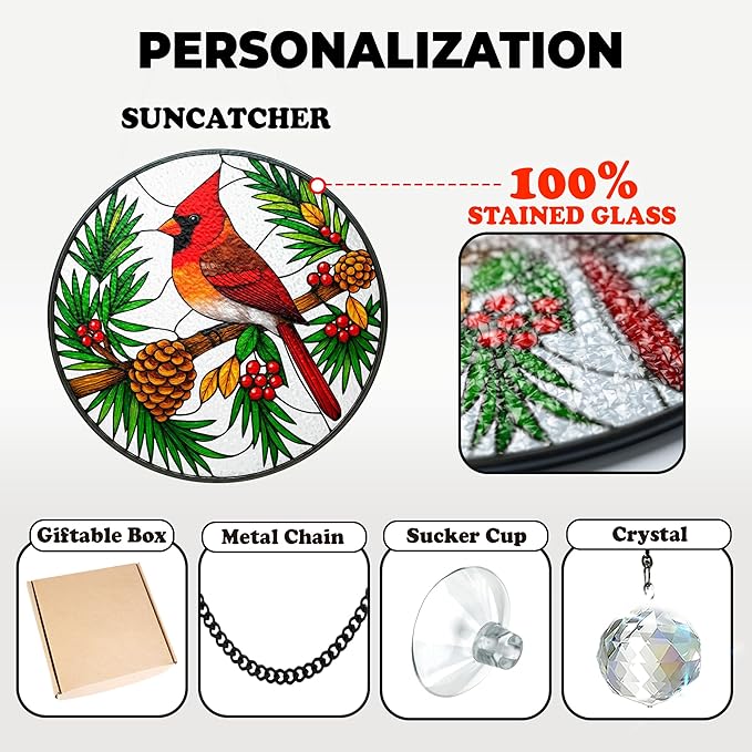 Red Cardinal Stained Glass Suncatcher, Red Bird Ornament for Window Hanging, Cardinal Decorations for Home and Bird Lovers, Sympathy and Remembrance Gift for Women, Mom, Grandpa