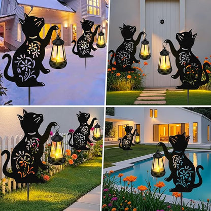 ZFNN Solar Garden Statues Cat Decor - Outdoor Metal Lantern Silhouette Stake, Waterproof Solar Lights for Yard Patio Lawn Pathway Art Decoration, Unique Gardening Gifts for Women Mom Cat Lovers 2Pack