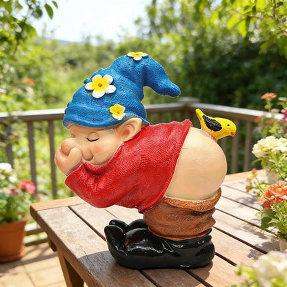Spring Garden Gnome Statues - Funny Gnome Pants Down Outdoor Resin with Bird Sculptures Decor for Indoor Home Table Patio Lawn Yard Porch Balcony, Housewarming Birthday Mother's Dya Gift