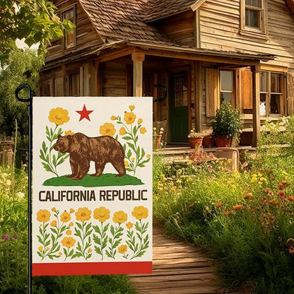 California Bear Flag Garden Flag with California Poppy Golden State Patriotic Republic Home Welcome Flags Front Porch Patio Decor Seasonal Flower CA Heavy Duty House Banner 12x18 Inch