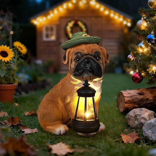 Solar Dog Outdoor Garden Statue with Lantern, French Bulldog Figurine with LED Lights, Lawn Decor for Patio, Yard Ornament, Unique Valentine's Day Birthday Gift for Women Mom Gardener