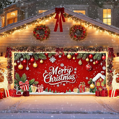 IVN Christmas Garage Door Cover Decoration 13x6ft Red Background Pine Garland Gifts and Gold Ornaments Merry Christmas Winter Garage Door Banner Home Door Front Yard Decor for Xmas Eve Holiday Outdoor