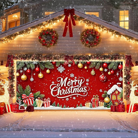 IVN Christmas Garage Door Cover Decoration 13x6ft Red Background Pine Garland Gifts and Gold Ornaments Merry Christmas Winter Garage Door Banner Home Door Front Yard Decor for Xmas Eve Holiday Outdoor