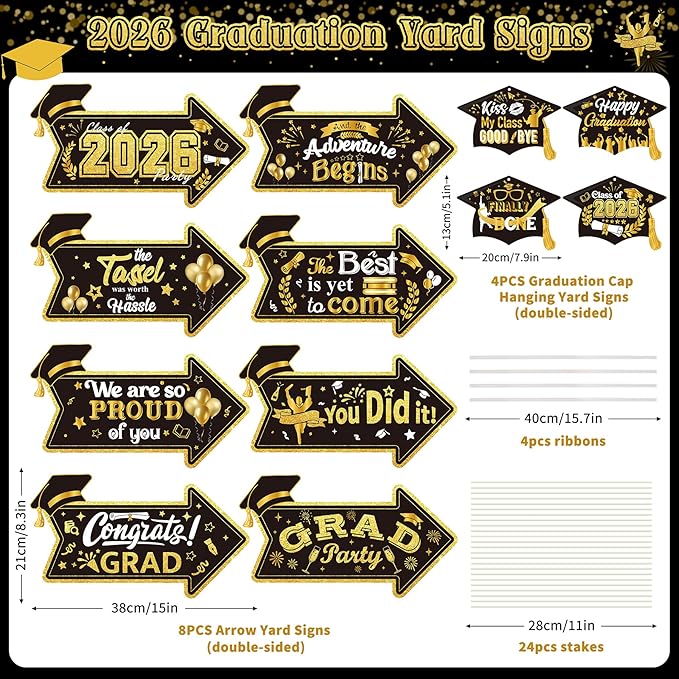 2026 Graduation This Way Yard Sign Arrow for Outdoor Pathway,Graduation Cap Hanging Yard Signs,Black Gold Directional Yard Signs with Stakes Ribbon,Grad Party Decor for College High School