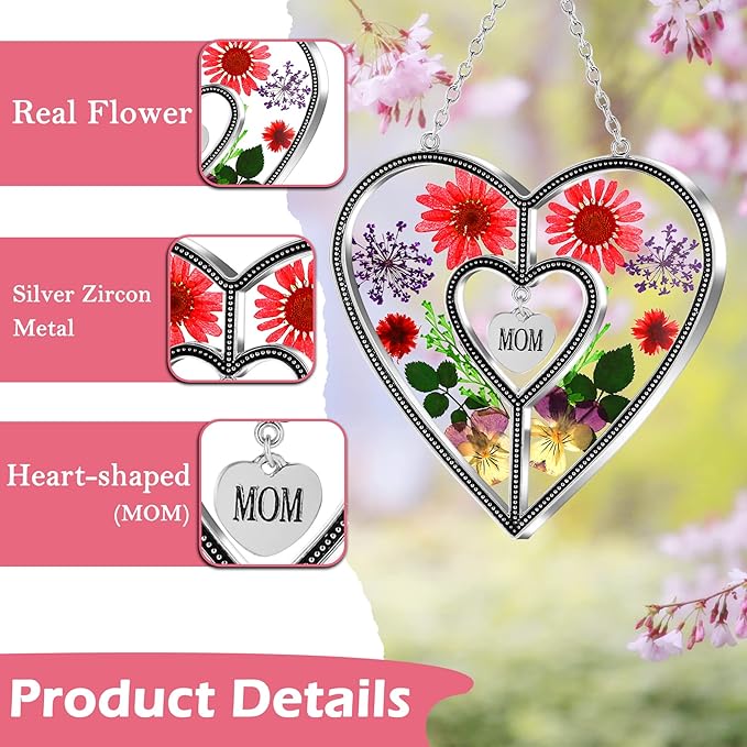 KY&BOSAM Heart Suncatcher Mom Gifts Stained Glass Panels Suncatchers for Windows Hangings Ornament with Pressed Flower Heart in Glass and Heart Charm Birthday Gifts for Mom Mothers Day Christmas Decor