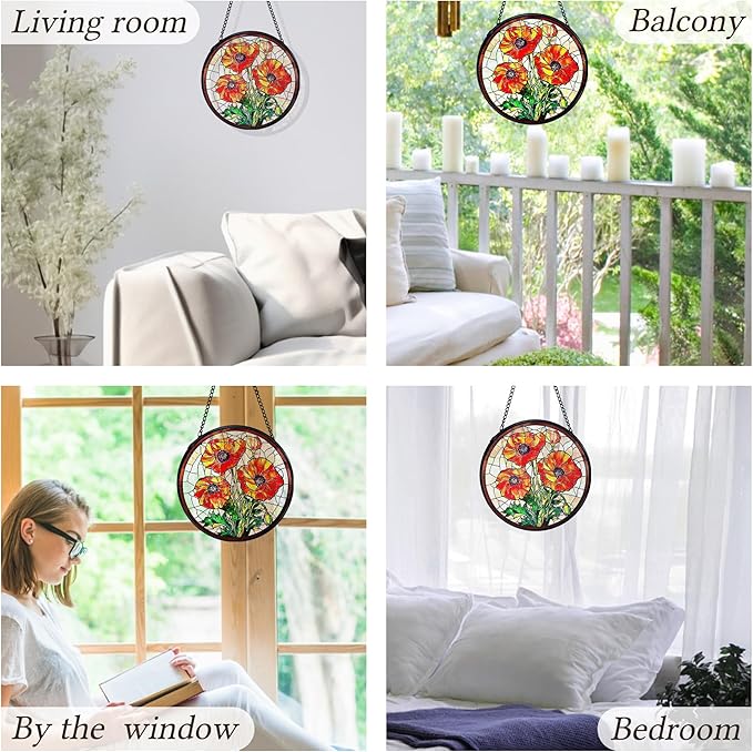 kdqua Poppy Flower Suncatcher Stained Glass Window Hanging, Poppy Flower Gifts Sun Catchers Indoor Window Glass Round Wall Decor, Orange Floral Wall Art Hanging Decorations Statues, 7.9x7.9in