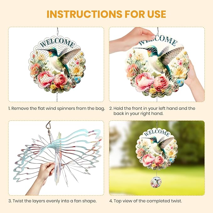 MXJSUA Hummingbird Wind Spinners for Indoor Outdoor Garden Decoration, 12 Inch Flowers Stainless Steel Hanging Wind Spinners Ornaments Crafts for Gifts