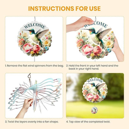 MXJSUA Hummingbird Wind Spinners for Indoor Outdoor Garden Decoration, 12 Inch Flowers Stainless Steel Hanging Wind Spinners Ornaments Crafts for Gifts