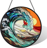 Suncatcher Stained Glass Window Hanging - Waves Glass Panel with Metal Chain and Hooks Handmade Sun Catcher Decoration for Window Garden Home Christmas & Birthday Gifts