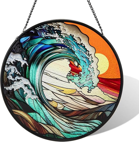 Suncatcher Stained Glass Window Hanging - Waves Glass Panel with Metal Chain and Hooks Handmade Sun Catcher Decoration for Window Garden Home Christmas & Birthday Gifts