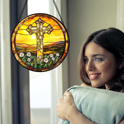 DASTOLL Christian Gifts for Women - Cross Stained Glass Window Hanging Easter Golden Sun Sunset Flower Sun Catcher Garden Religion Decor Mother's Day Catholic Gift for Men Grandma Nana Her 11.8"