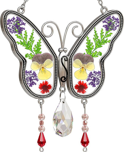 KY&BOSAM Butterfly Suncatchers Gifts for Mom Family Friends Stained Glass Suncatchers for Windows Hangings Wind Chimes Real Flower Colorful Crystal Outdoor for Garden Indoor Home Trees Party Decor