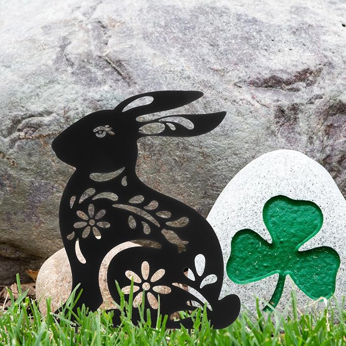 Yardwe Metal Rabbit Garden Stake Outdoor Decor Hollow Iron Bunny Yard Art for Lawn Patio Flowerbeds Weather-Resistant Garden Ornament