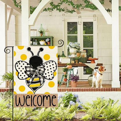 AVOIN colorlife Summer Polka Dot Bee Welcome Garden Flag 12x18 Inch Double Sided Outside, Seasonal Holiday Burlap Yard Outdoor Decoration