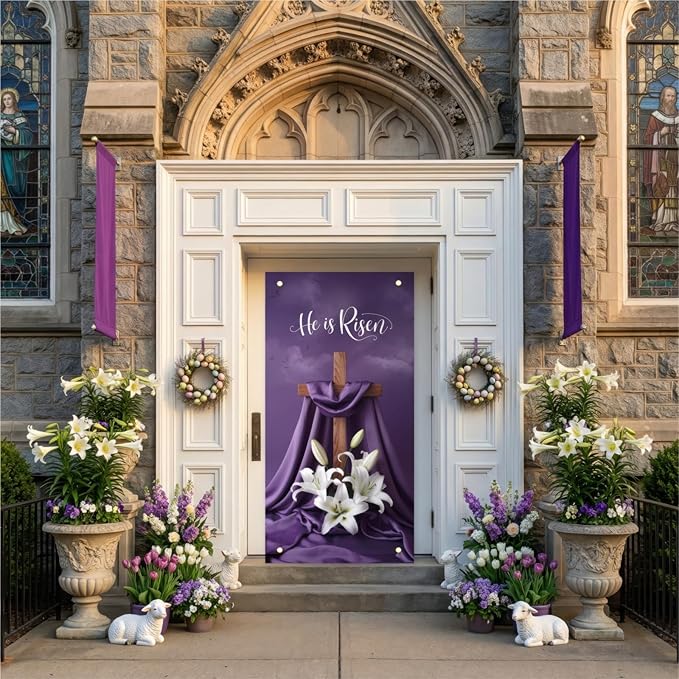He Is Risen Easter Door Cover Decorations 35x71 Inch - Premium Religious Cross Church Banners with White Lilies, Purple Resurrection Sunday Decorative Porch Sign for Holy Week Home Outdoor Lent Decor