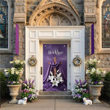 He Is Risen Easter Door Cover Decorations 35x71 Inch - Premium Religious Cross Church Banners with White Lilies, Purple Resurrection Sunday Decorative Porch Sign for Holy Week Home Outdoor Lent Decor