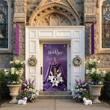 He Is Risen Easter Door Cover Decorations 35x71 Inch - Premium Religious Cross Church Banners with White Lilies, Purple Resurrection Sunday Decorative Porch Sign for Holy Week Home Outdoor Lent Decor