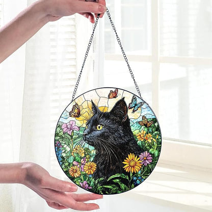 Black Cat Stained Glass Suncatcher – Floral Pet Memorial Window Hanging Decor, Sympathy Gift for Cat Owners, Home & Garden Decoration, Birthday, Christmas, for Women, Friends