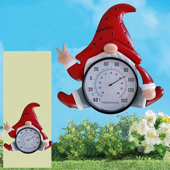 Metal Gnome Thermometer Indoor Outdoor Wall Art Decor Plaque Sculpture Hanging Mounted for Living Room Bedroom Kitchen Workroom Patio, Waterproof,No Battery Required