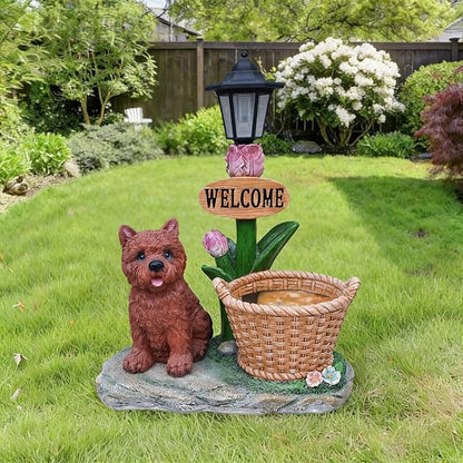 Solar Garden Statue with Planter & Solar Lantern, Outdoor Resin Animal Sculpture, Waterproof Yard Lawn Decor Pot for Succulents, Front Porch Ornament Housewarming Gift (Yorkie)