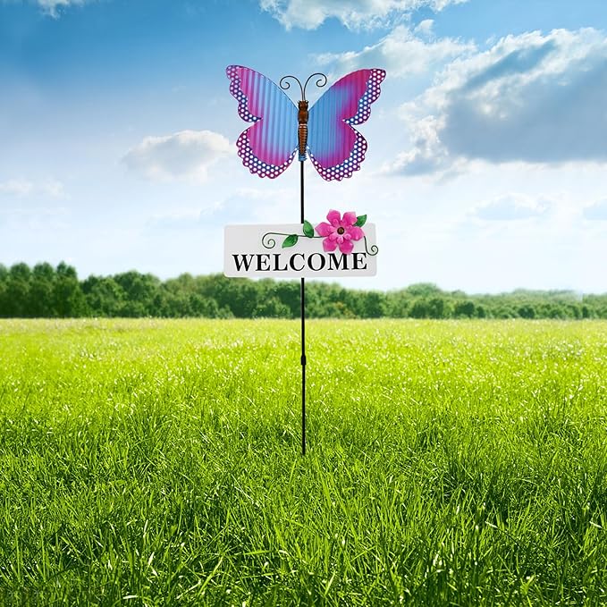 Garden Decor Metal Welcome Yard Stakes Spring Lawn Art Patio Decorative Plant Stake for Flower Pot Pathway Porch Backyard Indoor Outdoor Decoration (Butterfly)
