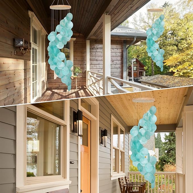 Seashell Wind Chimes for Outside - Handcrafted Turquoise Spiral Shape Capiz Shells Windchime Coastal Style Decor for Indoor/Outdoors, Garden & Beach Hanging Decor for Wind Chimes Lovers and More