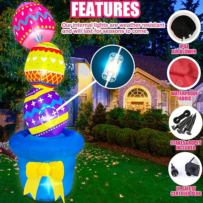 Easter Inflatables Outdoor Decorations 6FT Inflatable Stacked Eggs on Flowerpot Built-in LED Lights for Spring Holiday Party Indoor Outdoor Blow Up Decor for Garden Lawn Patio Decoration