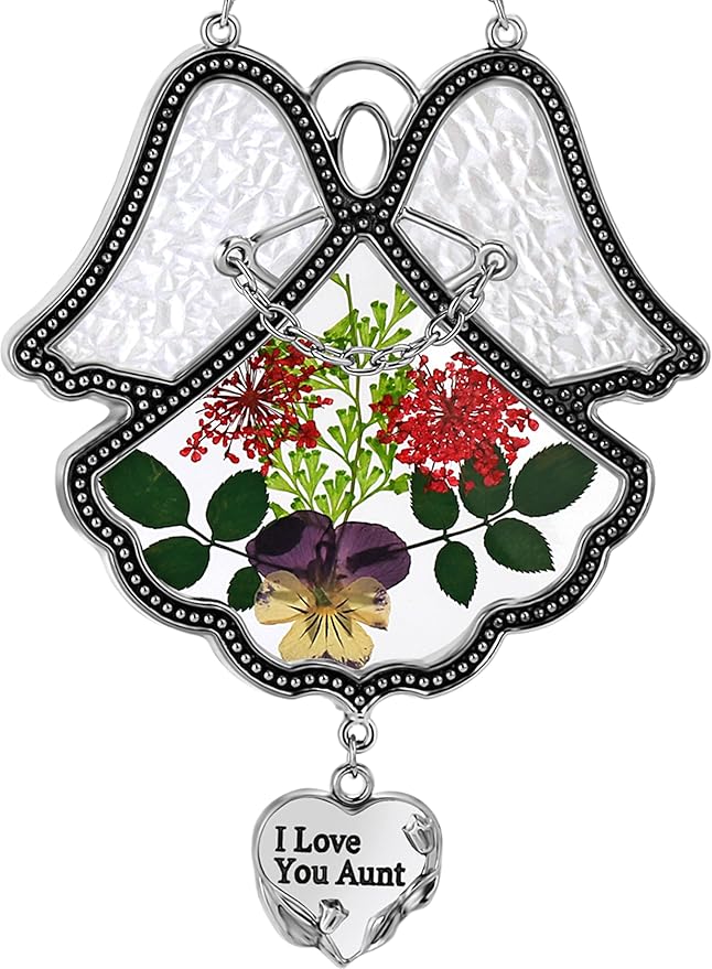 KY&BOSAM Angel Suncatcher I Love You Aunt Stained Glass Panels Suncatchers for Windows Wind Chime with Pressed Flower Glass and Metal Heart Charm Birthdays Gifts for Aunt Mothers Day Garden Decor