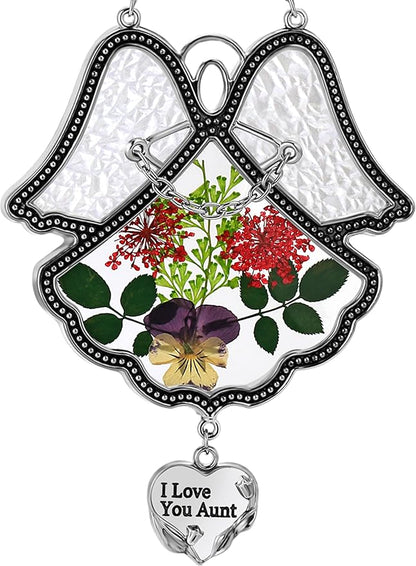 KY&BOSAM Angel Suncatcher I Love You Aunt Stained Glass Panels Suncatchers for Windows Wind Chime with Pressed Flower Glass and Metal Heart Charm Birthdays Gifts for Aunt Mothers Day Garden Decor